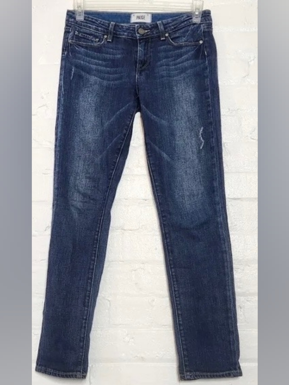 NWT Paige Dark Indigo Whiskered Distressed Straight Leg Skinny Jeans, Sz 32! 🍁
